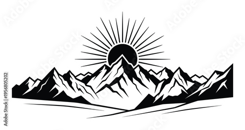 Mountain silhouette with rising sun and radiating light rays vector graphic