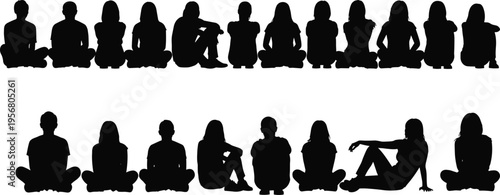 Silhouette people sitting, diverse postures, group illustration, black vector crowd, seated poses, minimal style, meditation, yoga, casual sitting, diversity