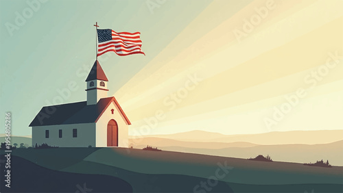 Vector illustration of a small American church with flag at sunset