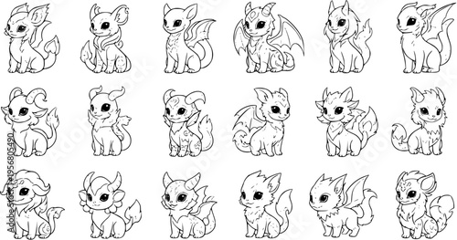 Collection of 18 Cute Baby Dragons, Outline Illustrations for Coloring Books and Design Projects