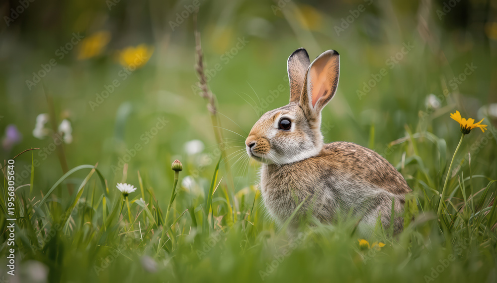 Obraz premium Young wild rabbit in meadow with soft light and wildflower backdrop