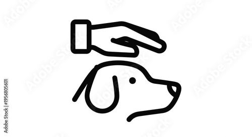 Simple black line art vector graphic illustration depicting a human hand gently petting or stroking the head of a happy dog silhouette.