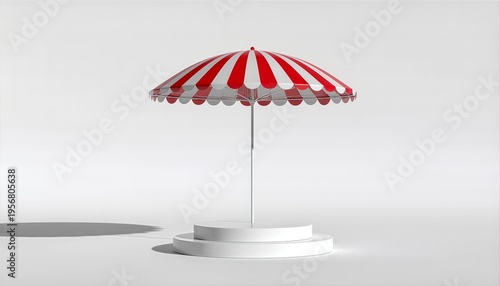 Red and White Striped Beach Umbrella on White.