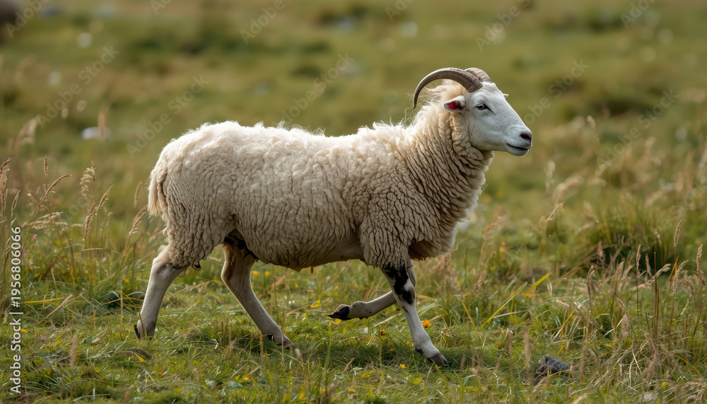 Fototapeta premium Sheep meadow wool horned sheep walking in grass