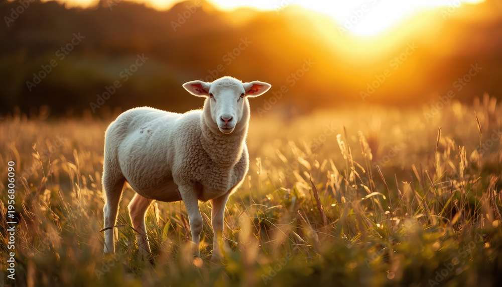 Obraz premium Sheep meadow sunset calm pastoral scene golden light