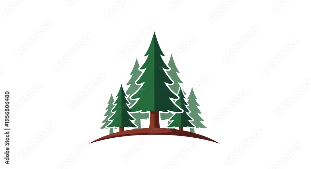 Fototapeta premium Stylized green pine trees on brown ground isolated on white background