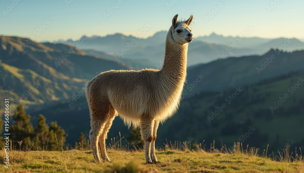 Obraz premium Tall llama standing mountain hillside golden hour with rolling green valley and distant peaks