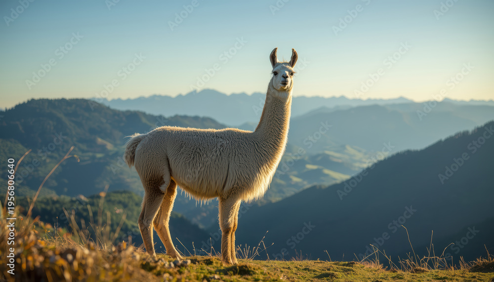 Naklejka premium Alpaca standing on grassy mountain ridge at golden hour with distant blue peaks