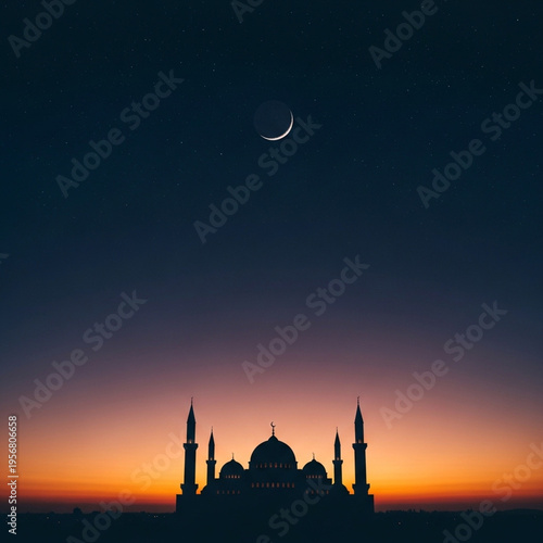 Tableau sur toile Silhouette of a mosque against a twilight sky with a crescent moon