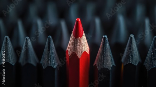 close-up of a single red pencil standing among rows of black pencils, sharp tips and bold confident contrast