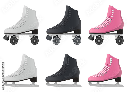 Illustration of roller skates and ice skates in white, black, and pink.