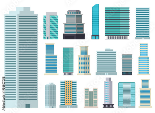 Modern Cityscape: An Array of Sleek Skyscraper Designs against a White Backdrop