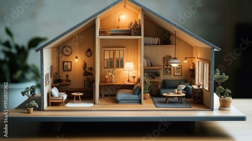 cutaway miniature house showing cozy living room, study, loft bedroom with wooden furniture, warm lamps, rugs and potted plants creating an inviting tranquil atmosphere