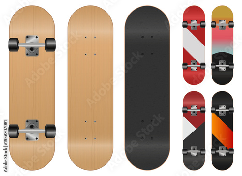Selection of skateboards with varied surface designs and truck assembly.