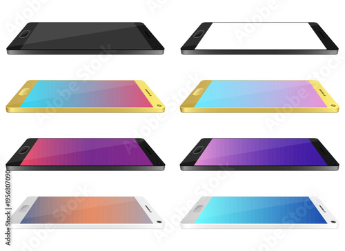 Multiple phones with varying colors display screens against a white background.