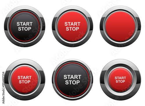 A set of shiny start and stop buttons with red and black face colors.