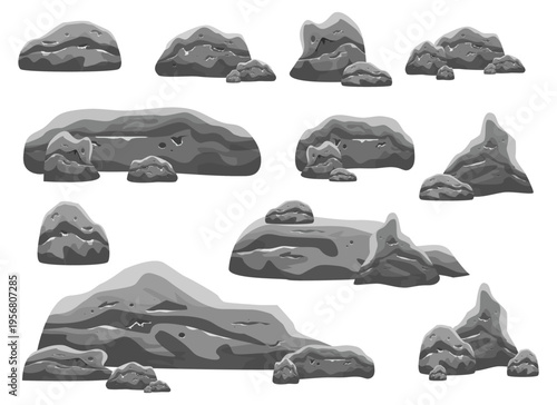 Collection of stylized vector cartoon gray rocks and boulders on white.
