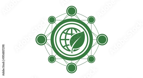 Global environmental network with interconnected green leaf and globe.