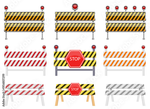 Cartoon illustration of various caution barriers with different color patterns.