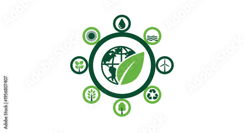 Global environmental sustainability with green leaf and nature icons.