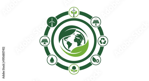 Global environmental sustainability with renewable energy and nature icons.
