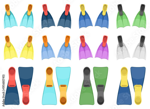 Assorted sets of cartoon swim fins in various colors for water activities.