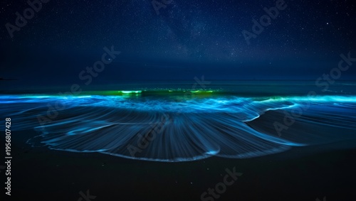 Bioluminescent Waves Under Starry Night Sky