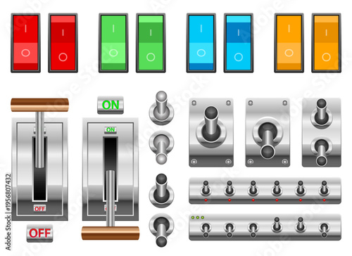 Assortment of electrical switches including toggles, buttons and levers