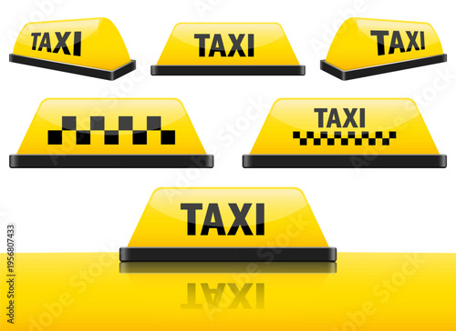 Collection of illuminated roof signs indicating a vehicle for transportation.