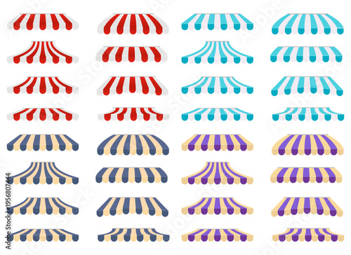 Collection of striped awning illustrations in different colors and styles.
