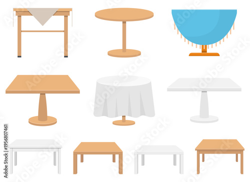 Illustration displaying various tables with different shapes and coverings.