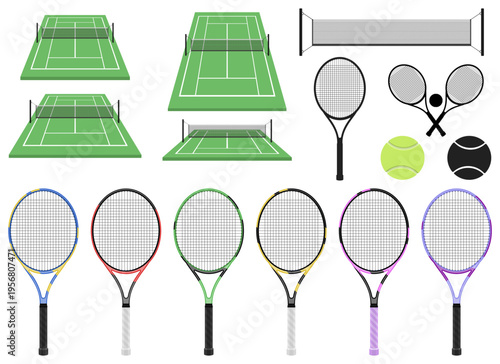 Collection of tennis equipment including rackets, balls, courts and a net