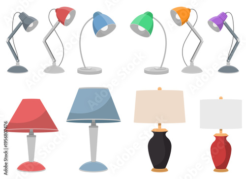 Assortment of colorful desk and table lamps. Home decor. Lighting fixtures.
