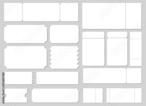 Variety of blank tickets displayed in white against a gray background.