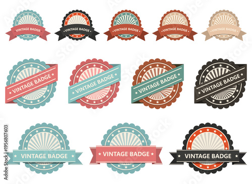 Collection of retro badge designs with vintage style and various color schemes.