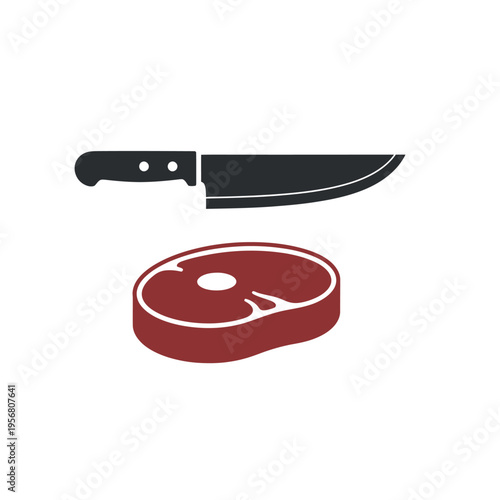 Chef Knife and Raw Beef Steak Vector Illustration; Minimalist Butcher Shop Logo Icon for Meat Market, BBQ, and Steakhouse Branding; Flat Culinary Design for Restaurant Menu, Cooking, and Protein-Rich 