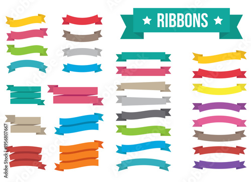 Collection of flat vector ribbons in various styles and many different colors.