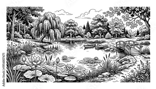 Picturesque pond with water lilies, weeping willow tree, wooden bridge, and small boat