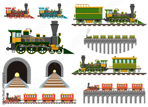 Set of vintage locomotive trains with passenger cars and tunnels artwork.