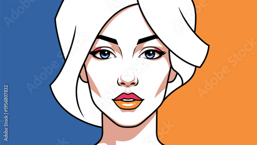 Beautiful Young Woman Face with White Towel on Head in Pop Art Style; Vector Portrait for Spa, Wellness, Skincare, and Beauty Concept; Hand-Drawn Illustration with Bold Colors and Retro Comic Book