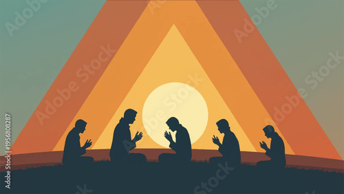 Vector illustration of people praying in front of tent at sunset