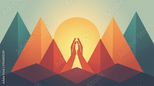 Vector illustration of hands in prayer on mountain peak at sunset