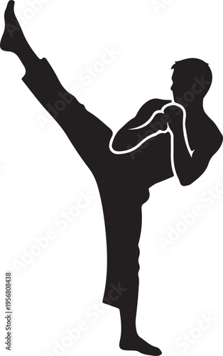 Vector silhouette of man kicking in martial arts