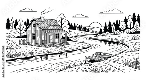 Rustic cabin by winding river with boat on wooden dock and sun setting over hills and forest