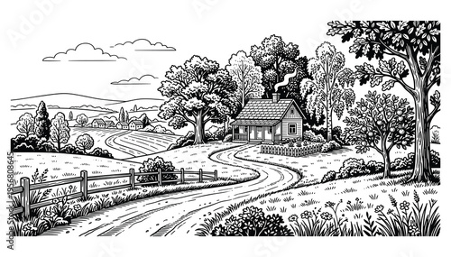 Rural countryside landscape with rolling hills, farms, and a charming cottage