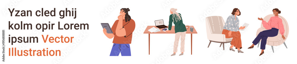 Obraz premium Teamwork, office communication, professional workspace, digital tools, business collaboration, coworking. People using laptops and tablets. Teamwork and office communication concept