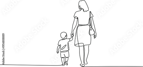 Minimalist continuous line drawing of mother and child holding hands walking together, family love parenting concept, simple outline vector illustration isolated on white background