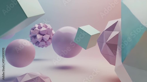 Wallpaper Mural Abstract digital art with iridescent spheres, polyhedral shapes, and soft pastel colors Torontodigital.ca