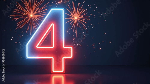 Neon number 4 with fireworks vector illustration