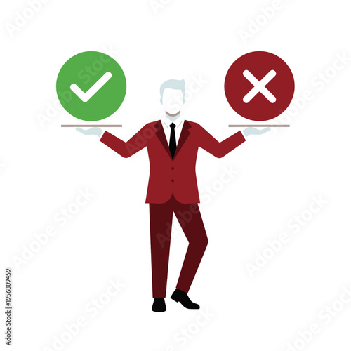 Man Holding Checkmark and X Symbol - Decision Making Illustration for Business Approval Rejection Concept Stock Footage